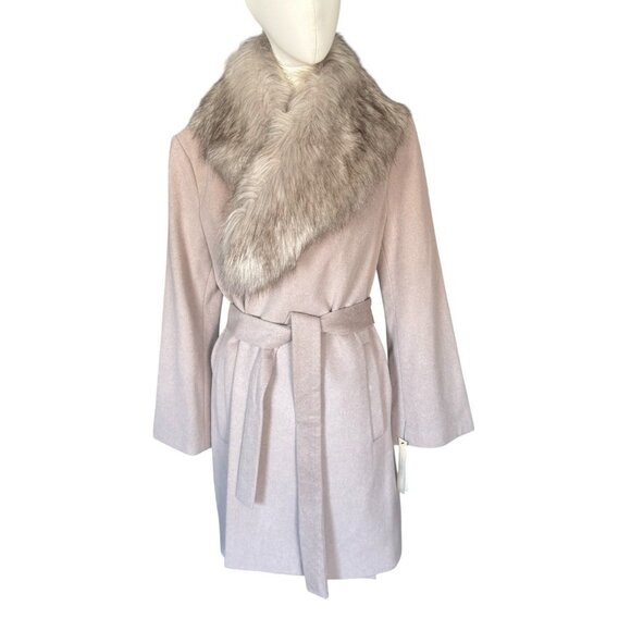 NWT Tahari Camel Wool Blend Lined Belted Coat with Removable Faux Fur Collar L - Picture 1 of 16